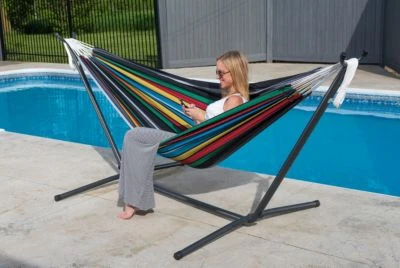 Vivere Doppel Baumwolle Hängematte Mit Hängemattengestell 250 Cm, Rio Night Mit Kostenlose Tragetasche 6 Vivere Doppel Baumwolle Hängematte Mit Hängemattengestell 250 Cm, Rio Night Mit Kostenlose Tragetasche – Bild 6