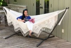 Vivere Doppel Baumwolle Hängematte Mit Hängemattengestell 250 Cm, Natural Mit Kostenlose Tragetasche -Komar Verkäufe 14043825 03