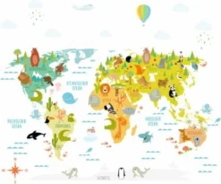 Nikima Wandtattoo 173 Weltkarte Mit Tieren - Kinderzimmer Wanddeko In 4 Vers. Größen Wandtattoos