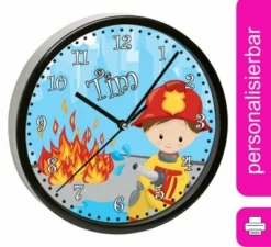 CreaDesign Kinder Wanduhr Laufruhig Personalisiert Mit Name Feuerwehrmann