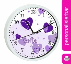 CreaDesign Kinder Wanduhr Laufruhig Personalisiert Mit Name Herz Lila