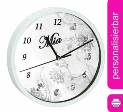 CreaDesign Kinder Wanduhr Laufruhig Personalisiert Mit Name Blumenranke Grau