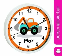 CreaDesign Kinder Wanduhr Laufruhig Personalisiert Mit Name Bagger