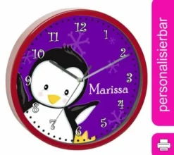 CreaDesign Kinder Wanduhr Personalisiert Mit Name Pinguin Lila