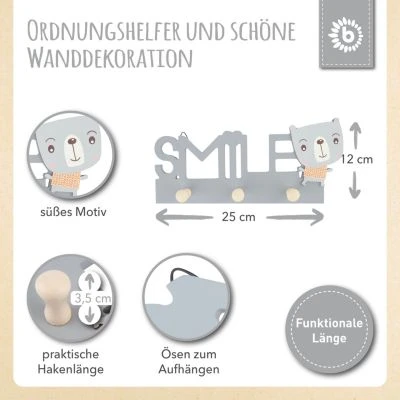 Bieco Holz Garderobe Kinder Smile 5 Kleiderhaken Garderobenleiste 25 Cm Wandgarderobe Garderoben 3 Bieco Holz Garderobe Kinder Smile 5 Kleiderhaken Garderobenleiste 25 Cm Wandgarderobe Garderoben – Bild 3