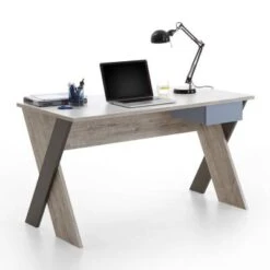 LOMADO® Schreibtisch LEEDS-10 Sandeiche Nb./weiß/Lava/Denim, B X H X T Ca. 135 X 76,4 X 67,5 Cm