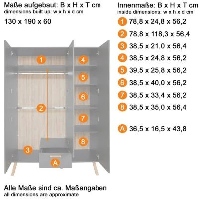 LOMADO® Babyzimmer Kleiderschrank MANISA-19 In Grau Mit Buche Massiv, B/H/T: Ca. 130/190/60 Cm 6 LOMADO® Babyzimmer Kleiderschrank MANISA-19 In Grau Mit Buche Massiv, B/H/T: Ca. 130/190/60 Cm – Bild 6