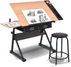 COSTWAY® Schreibtisch Mit Hocker Höhenverstellbar Neigbar