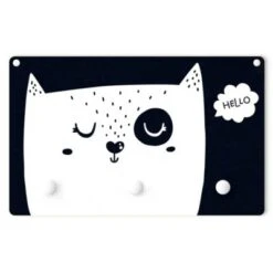 Bilderwelten Kindergarderobe Holz Spruch Hello Katzengesicht Schwarz Weiß