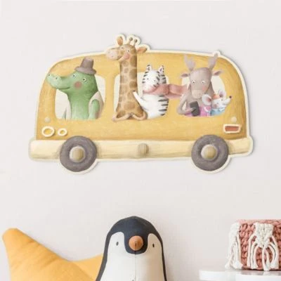 Bilderwelten Kindergarderobe Holz Bus Voller Tiere Aquarell 2 Bilderwelten Kindergarderobe Holz Bus Voller Tiere Aquarell – Bild 2