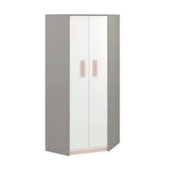 LOMADO® Kinderzimmer Kleiderschrank Eckschrank Grau INGOLSTADT-131 Mit Fronten In Weiß Und Absetzungen In Rosa, B/H/T: Ca. 82/199/82 Cm
