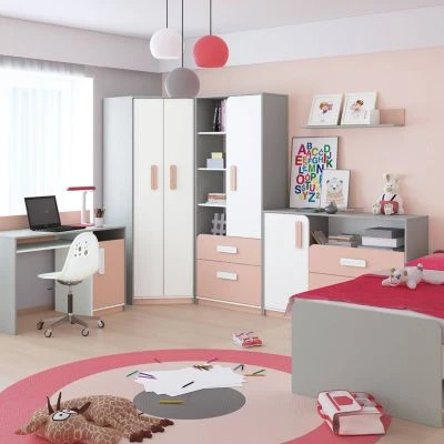LOMADO® Kinderzimmer Kleiderschrank Eckschrank Grau INGOLSTADT-131 Mit Fronten In Weiß Und Absetzungen In Rosa, B/H/T: Ca. 82/199/82 Cm 5 LOMADO® Kinderzimmer Kleiderschrank Eckschrank Grau INGOLSTADT-131 Mit Fronten In Weiß Und Absetzungen In Rosa, B/H/T: Ca. 82/199/82 Cm – Bild 5