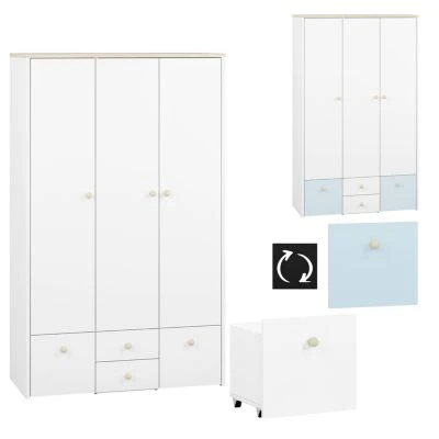 LOMADO® Kleiderschrank Mit 3 Türen ELVA-131 In Weiß Mit Fjord Buche Nb. Und Kristallblau, B/H/T: Ca. 117/193/51 Cm 2 LOMADO® Kleiderschrank Mit 3 Türen ELVA-131 In Weiß Mit Fjord Buche Nb. Und Kristallblau, B/H/T: Ca. 117/193/51 Cm – Bild 2