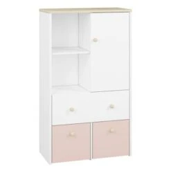 LOMADO® Schrank Mit Schubkästen Und Fächern ELVA-131 In Weiß Mit Fjord Buche Nb. Und Hellrosa, B/H/T: Ca. 52/141/40 Cm