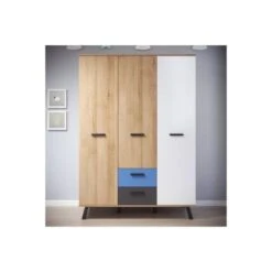 LOMADO® Kleiderschrank Kinderzimmer 3 Türig Mit Fronten In Weiß, Graphit Und Bianco Buche Nb. + Wahlweise Blau Oder Rosa MANISA-19, B/H/T: Ca. 130/190/61 Cm